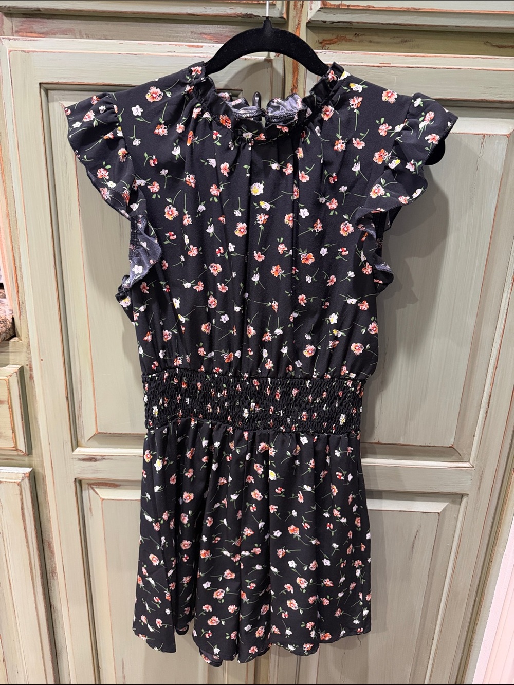 SHEIN Black Floral Ruffle Waist Jumpsuit Romper